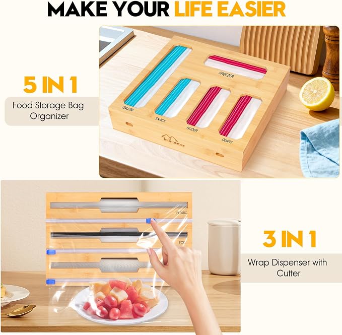 Bamboo Ziplock Bag Organizer for Kitchen Drawer & Wall Mount, Food Storage Baggie Holder, Fits Gallon Quart Sandwich Snack Freezer & Slider Bags, No Assembly, 9 in 1,Natural Color