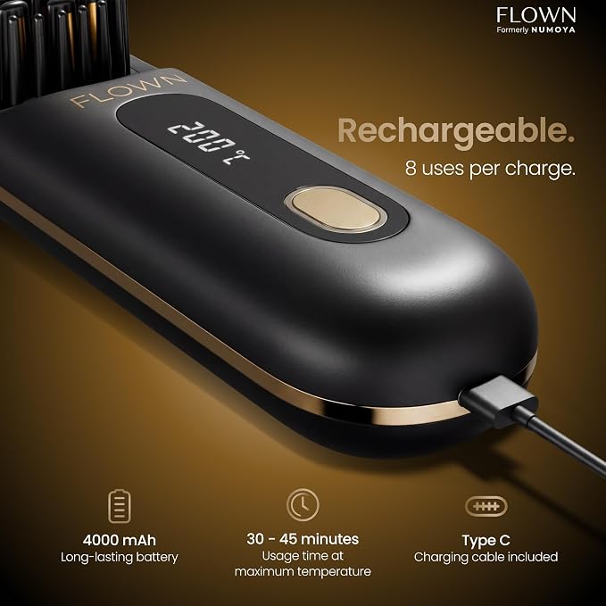 FLOWN® Original Go Brush MAX [Five Minutes Hair Styling Routine] - No Damage Heat Brush with USB-C Charger - Electric Travel Pocket Brush for All Hair Types - Black (Formerly Numoya)