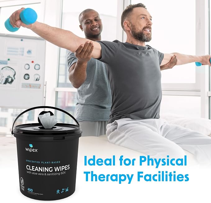 Wipex Fitness Wipes - 400ct Dispensing Bucket with Sanitizing BZK for Hands, 2 Pack Bulk Supply, Great for Fitness Centers, Yoga Studios, and Commercial & Home Gyms
