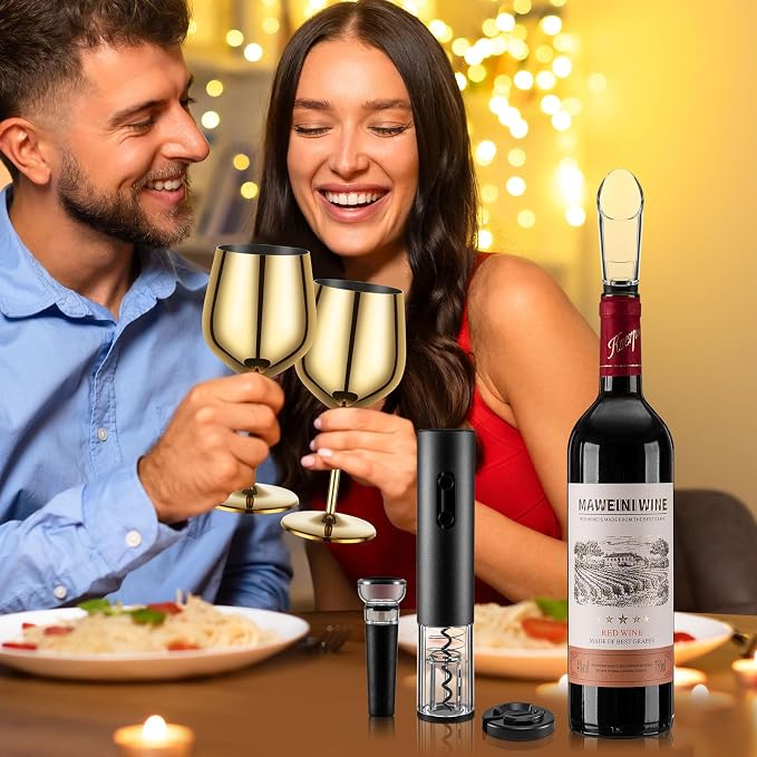 Wine Opener Electric Rechargeable, Automatic Corkscrew Set, Including Gold Wine Glass of 2, Stainless Steel Goblet, Ideal Gift for Wine Lover, Wedding, Birthday, Girl, Men