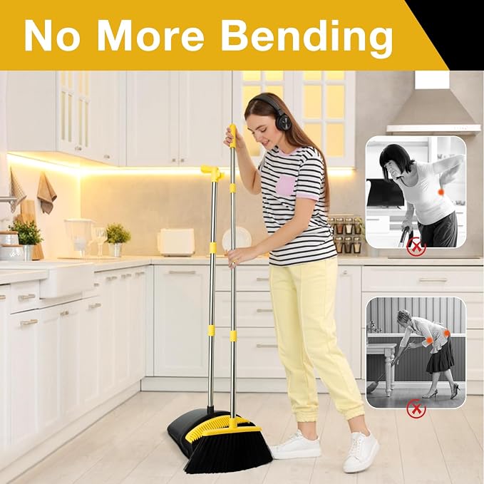 Broom and Dustpan Set, Long Handle Lightweight Dustpans with Broom Combo for Home, Indoor&Outdoor Sweeping for Home Room Kitchen Office Lobby (Black Yellow)