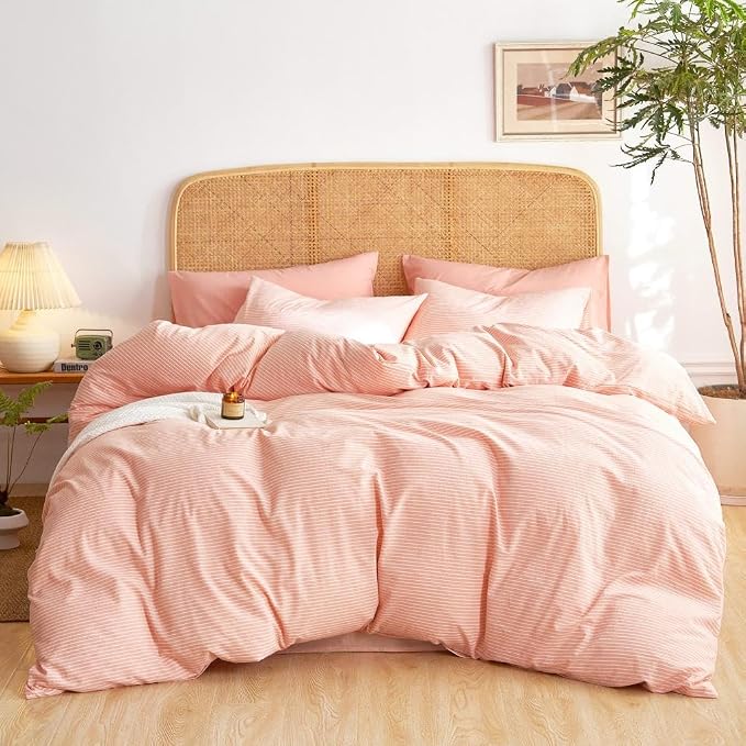 Wake In Cloud - Striped Cotton Duvet Cover Set, 100% Washed Cotton Textured Bedding Set, Ticking Stripe Pinstripe Farmhouse, 3 Pieces, Light Pink, Queen Size