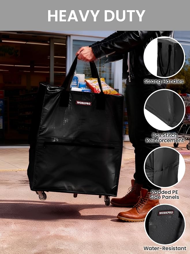 WORKPRO Medium Rolling Grocery Bag, 18-Gallon Shopping Tote with 4 Wheels | Reusable Grocery Bag on Wheels, Holds Up to 75 lbs, Heavy Duty Rolling Tote for Groceries, Laundry, Moving & Storage