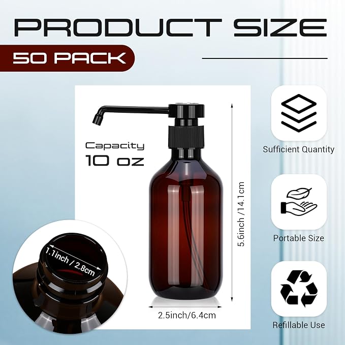 50 Pack Plastic Soap Dispenser Bulk Empty Pump Bottles Dispenser with Long Pump 10 oz Refillable Dish Soap Hand Washing Bottles Lotion Bottle for Kitchen Bathroom(Transparent Brown)