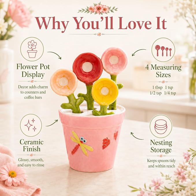 Flower Pot Ceramic Measuring Spoon Set, 5PCS Cute Spoons Cups with Base, Polygons Pink Decorative Teaspoon in Pot Holder, Unique Baking Supplies Gifts, Kitchen Cooking Stuff Gadgets Women(1*Blue)
