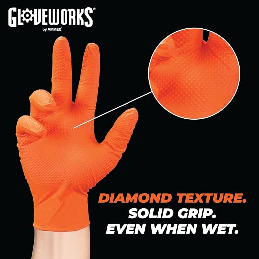 GLOVEWORKS Orange Nitrile Work Gloves, 8 Mil Disposable Heavy Duty, Raised Diamond Grip Mechanic Glove, Small, Case of 1000