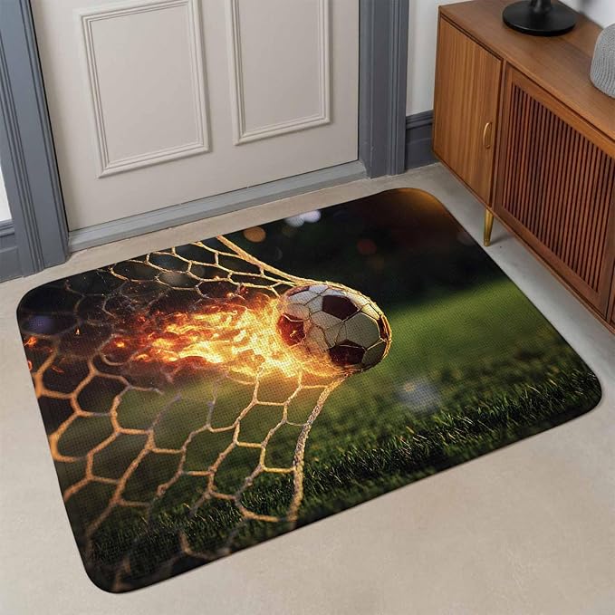Flaming Soccer Bathroom Rugs Non Slip Washable Bath Mat Absorbent Front Door Mat Goal Net Powerful Fire Orange Grass Green Indoor Doormat for Kitchen Entryway Shower Decor Accessories 19.7"x31.5"