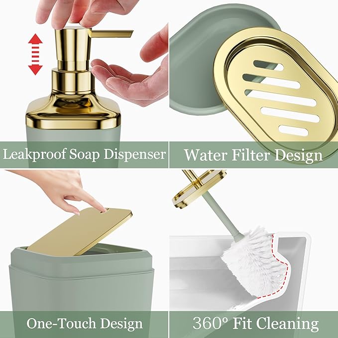 XLHOMO Bathroom Set, Bathroom Accessory Set, Sage Green Bathroom Accessories Set with Press-on Lid Bathroom Trash Can, Soap Dispenser, 9PC Bathroom Accessory Set for Home