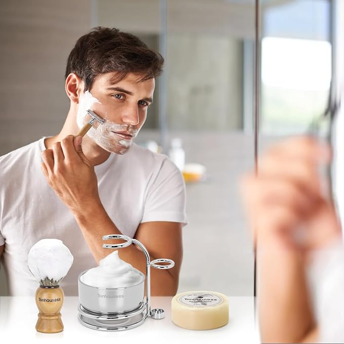 5 In 1 Manual Shaving Kit For Men Includes Badger Hair Shaving Brushes Set, Double Edge Safety Razor, Stainless Steel Shaving Bowl&Stand and Goat Milk Shaving Soap