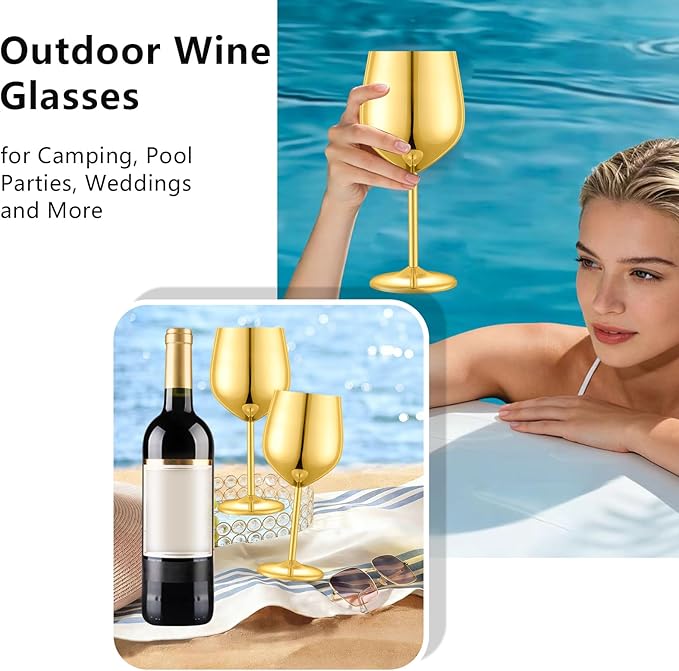 UNISWEET Stainless Steel Wine Glasses Set of 6 with 1 Corkscrew, Gold | 17oz Unbreakable Metal Wine Goblets, Reusable & Sturdy, Ideal for Outdoor, Travel, Camping, Pool, Gift for Wine Lovers