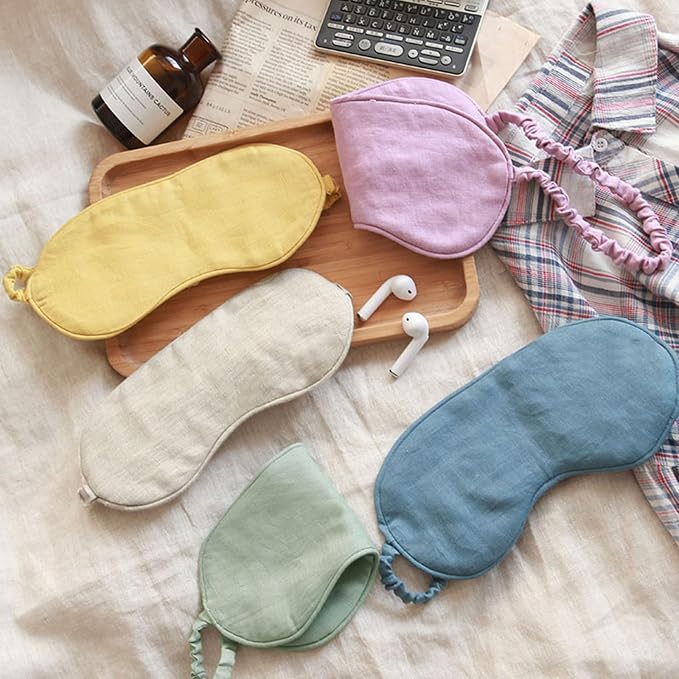 100% Pure Linen Sleep Mask Blackout Eye Mask for Sleeping, Eye Cover with Adjustable Strap - Organic Cotton Core Linen Eyes Mask Breathable for Travel - Gift for Women Men (Purple Gray)