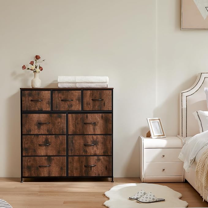 Sweetcrispy Dresser for Bedroom with 9 Drawers, Large Fabric Dresser | Storage Tower Organizer, Chest of Drawers with Metal Frame Wooden Top for Closet, Living Room, Entryway, Brown