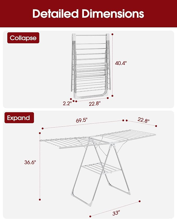 Sakugi Clothes Drying Rack with Height-Adjustable Wings, Metal Foldable Laundry Dryer Stand for Clothing & Bedding, Free-Standing Collapsible for Indoor & Outdoor Use, 69.5" L × 22.8" W, Silver White