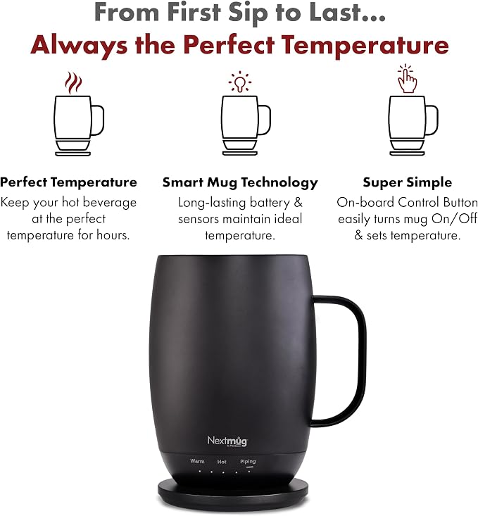Nextmug Plus (Black - 18 oz.) Temperature-Controlled, Self-Heating Mug – No App, Long-Lasting Battery for Work & Study, Great Gift for Coffee Lovers