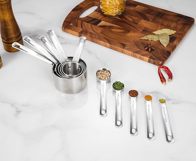 KEAWELL Premium 10-Piece 18/10 Stainless Steel Measuring Cups ans Spoons Set – Durable, Stackable, Dishwasher Safe – Nesting Design for Baking & Cooking (Silver, Measuring Cups & Spoons)