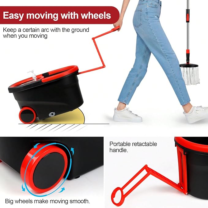 Heavy Duty Rolling Spin Mop Bucket Set with Wringer, 3 Microfiber Mop Heads, Adjustable Handle for Home Floor Cleaning (Black Red)