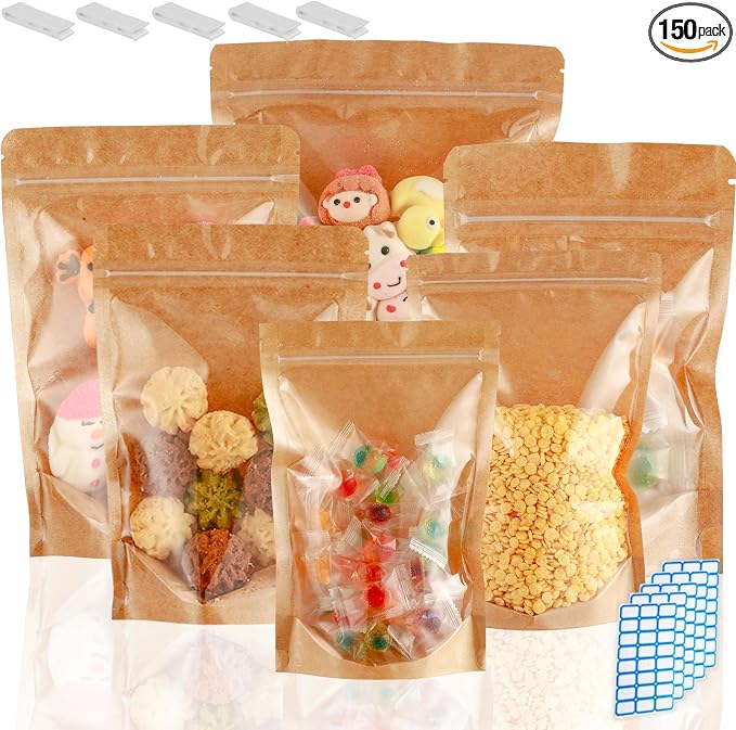 150 Pack Kraft Paper Bags with Clear Window 6x9 Reclosable Small Stand Up Mylar Bags for Food Storage Resealable Smell Proof Pouch, Edible Packaging, Reusable bags for Small Business