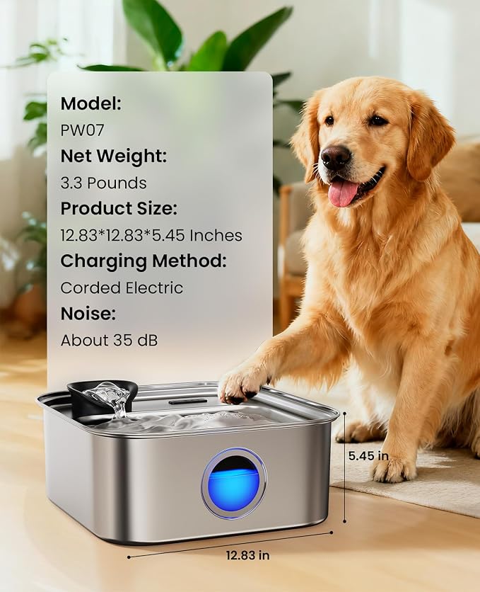 oneisall 10L/2.6Gal Dog Water Fountain for Large Dogs (with 1 Filter) | Deeper & Wider Drinking Area, Visualization Window & Triple Filtration,304 Stainless Steel Dog Water Bowl Dispenser