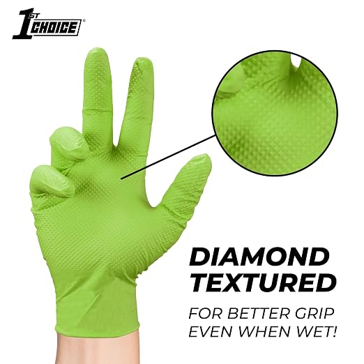 1st Choice Green 6 mil Nitrile Disposable Gloves Diamond Grip XXL 200 | Bulk Purchasing Options, Medium Duty Gloves for Mechanics, Business, and Household Tasks, Food Safe and Chemical Resistant