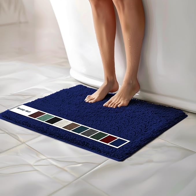 Muddy Mat® | Chenille Bathroom Rugs Quick Dry Microfiber Mats Non Slip Washable, Extra Thick, Soft and Highly Absorbent Bath Mats for Bathroom, Kitchen, and Shower Floor - Navy Blue 19"x30"