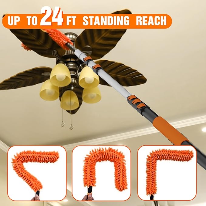 LAANPOLE 30FT High Reach Duster Cleaning Kit with Extension Pole, High Ceiling Fan Cleaner Duster Tool for Fan Blades, Window Washing Kit with Microfiber Feather Duster & Window Squeegee