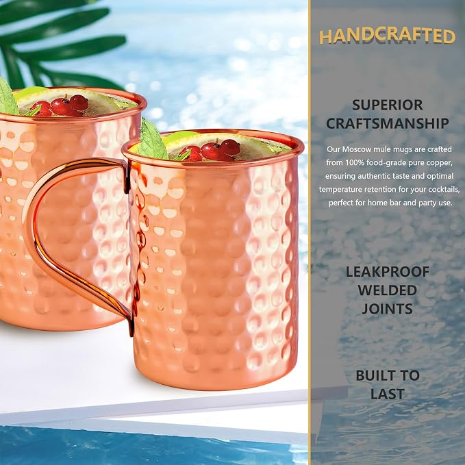 UNISWEET Moscow Mule Pure Copper Mugs - Set of 4-100% Pure Copper Hammered coffee cup, Perfect For Wine, Beer, Cold Drink, Bar, Party, Gifts (Square Copper Mugs)