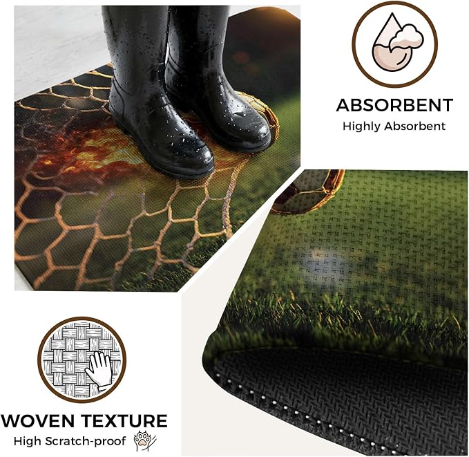 Flaming Soccer Bathroom Rugs Non Slip Washable Bath Mat Absorbent Front Door Mat Goal Net Powerful Fire Orange Grass Green Indoor Doormat for Kitchen Entryway Shower Decor Accessories 19.7"x31.5"