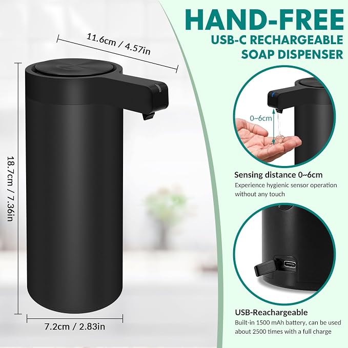 Automatic Soap Dispenser Stainless Steel with Sensor Infrared Soap Dispenser Electric IPX5 Waterproof USB-C Charging Motion Sensor for Kitchen & Bathroom (Matte Black)