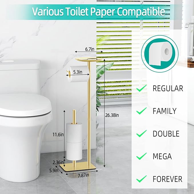 FEILERN Toilet Paper Holder Stand for Bathroom Floor Standing Toilet Roll Dispenser Storages 4 Reserve Rolls, with Top Storage Shelf for Cell Phones, Wipe, Wallet and More(Gold)