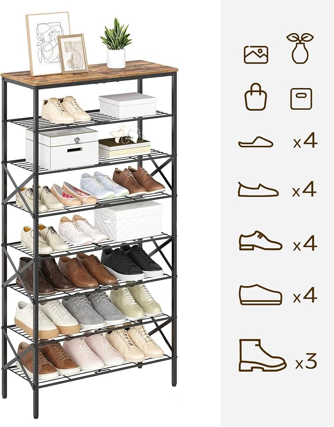 YATINEY 8 Tier Shoe Rack, Shoe Storage Organizer, Large Capacity Shoe Shelf Holds 32 Pairs of Shoes, Sturdy and Stable, for Entryway, Hallway, Closet, Dorm Room, Rustic Brown SS08BR