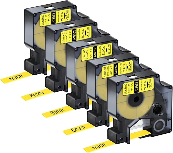 NineLeaf 5 Pack Compatible Labels Tape Replacement for Dymo 18052 1/4 inch Black on Yellow Heat Shrink Tube Labels 6mm x 1.5m for Wires and Cables Use in Rhino 4200 5200 5000 6000 3M Label Maker