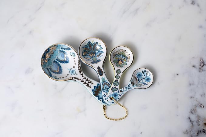 Mary DiSomma’s Ceramic Measuring Spoons (Set of 4) | Unique Signature Floral Print Design for each, Gold Overlay, Teal, Blue, Robin’s Egg Blue, Lime Green, Metallic Gold Chain, Boxed gift set