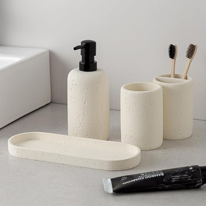 Bathroom Accessories Set,4 PCS Travertine Stone Look Collection,Cream | Modern Bath Organizer with 13.53 OZ Soap Dispenser, Toothbrush Holder, Tumbler, Vanity Tray for Countertop Kitchen Sink