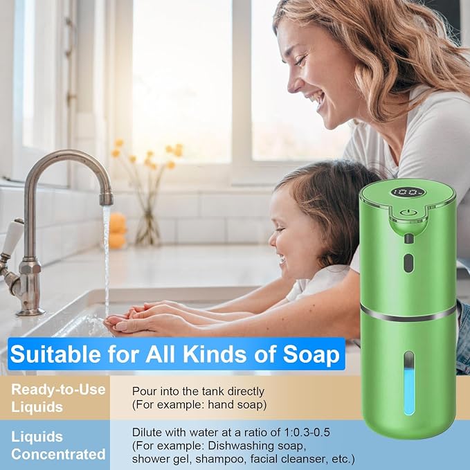 OHIFAST Automatic Liquid Soap Dispenser Touchless, USB Rechargeable Smart Hand Soap Dispenser, 6-Level Adjustable, 12.8oz/380mL Wall Mounted for Bathroom Kitchen Accessories Dish Soap-Green