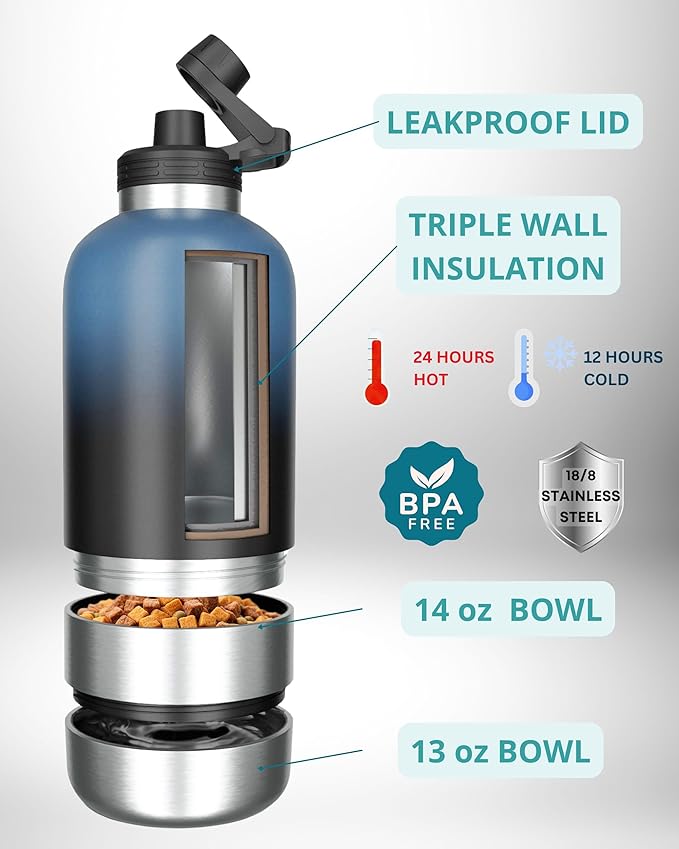 Dog Water Bottle, Insulated Dog Travel Water Bottle, Stainless Steel Pet Water Bottle Dispenser Portable Food and Water Bowl for Dogs with Carrying Case for Walking Dog Canteen Travel Kit