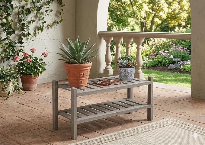 2-Tier Acacia Wood Stackable Shoe Rack - Brush Grey