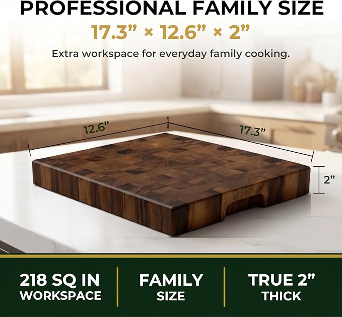SHUMARU 17.3 × 12.6 × 2" End Grain Cutting Board, Professional Family Size Butcher Block, Thick Exotic Heartwood Chopping Block, Knife-Friendly Wood Cutting Board with Side Handles & Non-Slip Feet