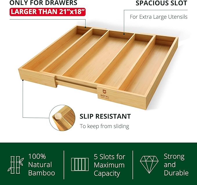 Luxury Bamboo Kitchen Drawer Organizer - Silverware Organizer - Utensil Holder and Cutlery Tray with Grooved Drawer Dividers for Flatware and Kitchen Utensils (5 Slot, Natural)