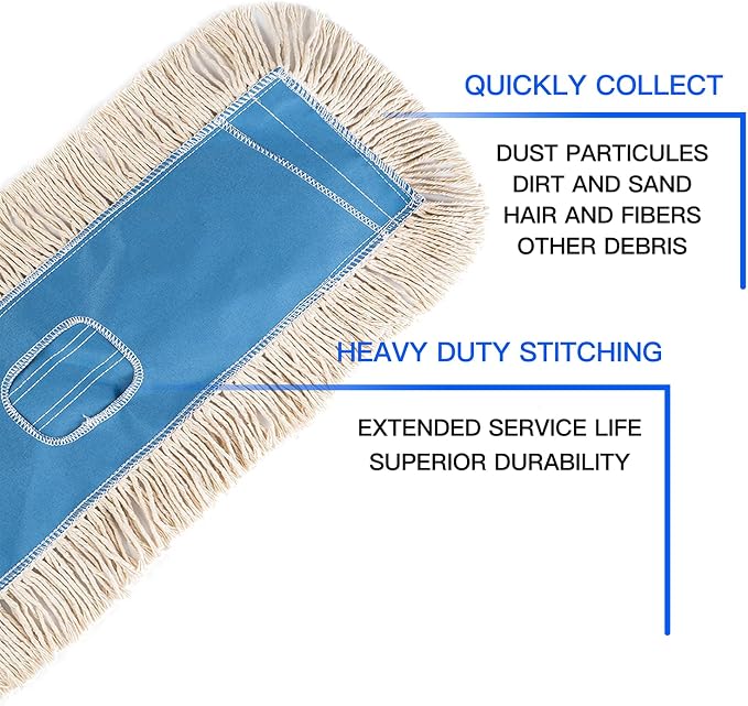 Matthew Cleaning 24'' Industrial Strength Cotton Dust Mop Refill Washable Replacement Heads for Residential & Commercial Use Fit Standard Dust Mop Frames, Hardwood,Concrete Floors Blue&White 12 Pack