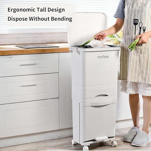 MRBIN 42L 3-Tier Kitchen Trash Can with Pedal & Wheels, 11Gal Double-Layer Recycling Center, Vertical Garbage Bin for Kitchen, Office, Bathroom