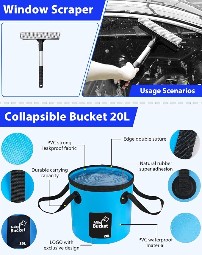 THINKWORK Car Detailing Kit with Foam Gun & Vacuum, 41Pcs Car Cleaning Supplies | Complete Wash Kit, 7600PA Corded Vacuum, Car Wash Mop, 20L Folding Bucket, Detailing Brush Set for Interior & Exterior, Blue