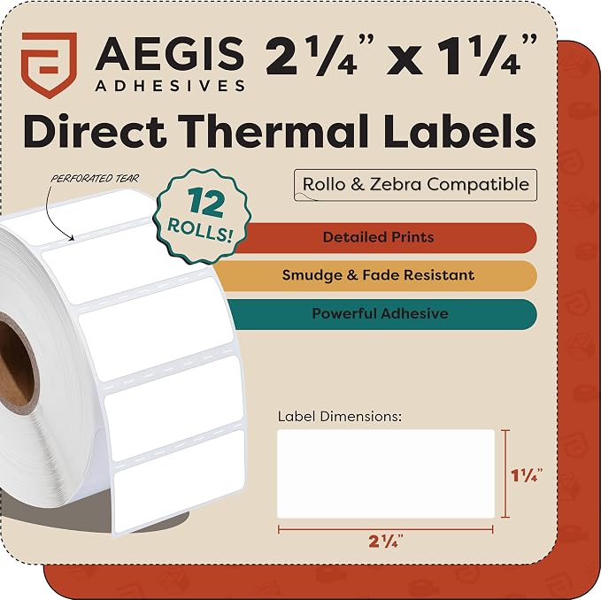 Aegis Adhesives - 2.25" X 1.25" Direct Thermal Labels (12000 Count, 12 Rolls) - UPC Barcode Stickers, Shipping Labels, FNSKU SKU Stickers - Compatible with Zebra and Rollo Printers