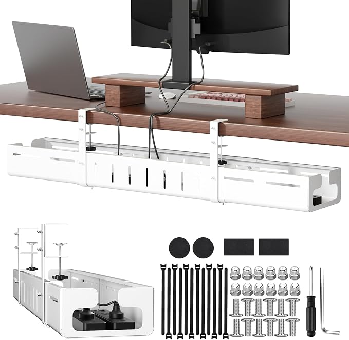 Under Desk Cable Management, Expandable 25.2"–38.6" Cable Management Under Desk No Drill, Heavy Duty Carbon Steel with Clamp, Hidden Cord Organizer for Desk, Home Office Standing Desk White