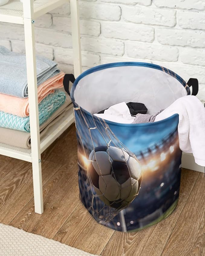 Collapsible Laundry Basket 42L, Football Sports Storage Bin Laundry Hamper with Handles, Football Field Goal Net Soccer Waterproof Clothes Baskets for Bathroom/Bedroom 13.8 x 17 In