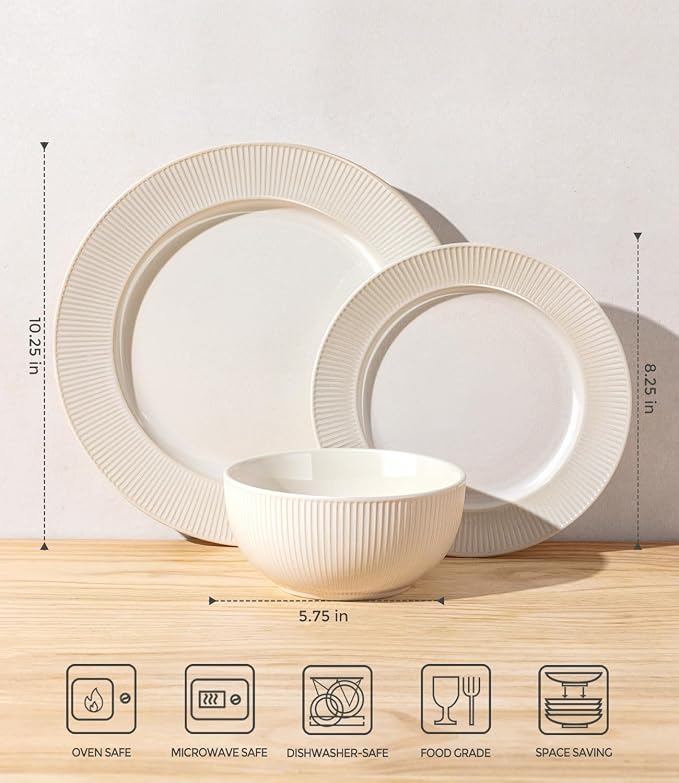 TheTerra Ceramic Dinnerware Sets for 6, 18 Pieces Porcelain Lightweight Plates and Bowls Sets, Scratch Resistant Dish Set, Oven, Microwave & Dishwasher Safe, Cream White