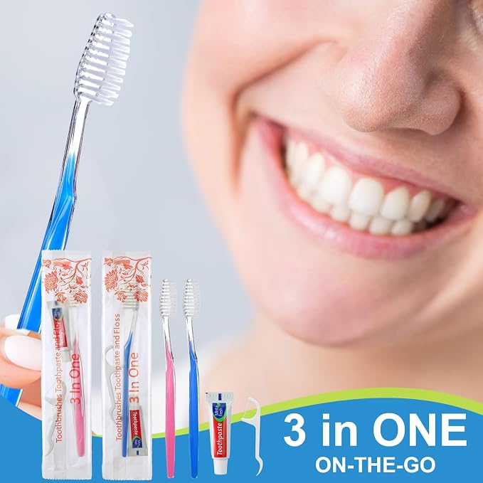 FoldTier 200 Sets Disposable Toothbrushes with Toothpaste and Floss Bulk Individually Wrapped 10g Toothpaste Homeless Hygiene Kit Bulk Homeless Care Package Supply for Travel Shelter (Light Blue Pink)