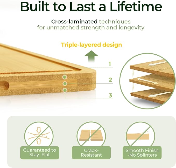 Keechee Bamboo Cutting Board, Cutting Board for Kitchen with Handles | Deep juice grooves, built-in handles, versatile 3 piece set for everyday cooking and chopping