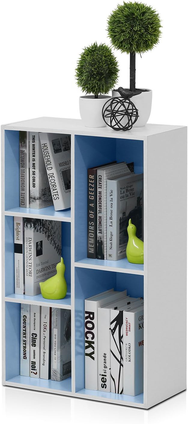 Furinno LUDER Book Shelf, 5-Cube Bookshelf, Reversible Bookcase, 9.4 x 19.5 x 31.5, Easy Assembly, for Living Room, Bedroom, Home Office, White/Light Blue