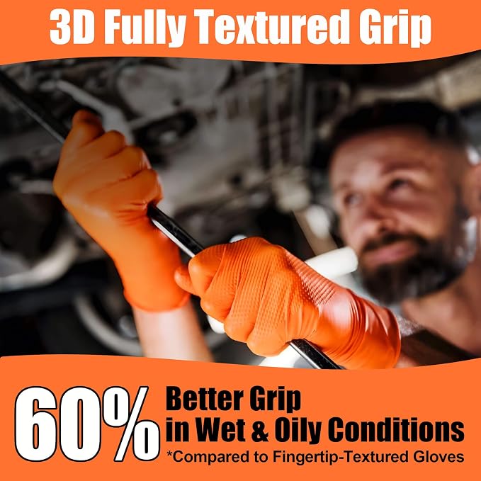 TREEGO 10 Mil Heavy Duty Orange Nitrile Mechanic Gloves, 50 Count L | Diamond Grip, Latex & Powder Free for Construction, Jobsite Tasks, Equipment Repair & Contractor Work
