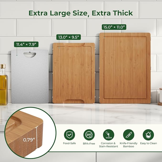 Formaldehyde Free, Glue Free, Bamboo Pure Titanium Cutting Board Set | 6 Usable Sides, Juice Grooves, Non-Slip & Scratch Resistant, Knife-Friendly, Dishwasher Safe, Warp Resistant, Kitchen Gifts
